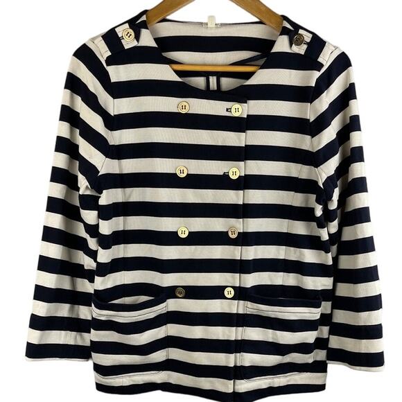 J. Crew Merriweather Blue & White Gold Button Striped Lady Jacket Size Medium - Picture 1 of 9